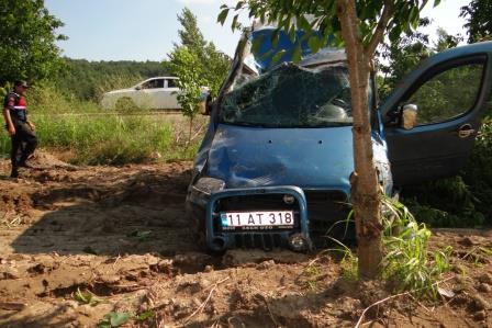 Kontrolden çıkan hafif ticari araç kiraz bahçesine uçtu